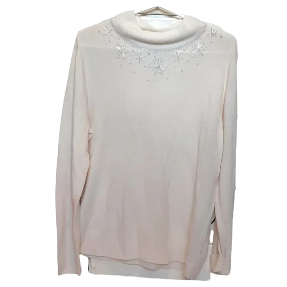 Cozy White Sweater with Snowflake Embellishments